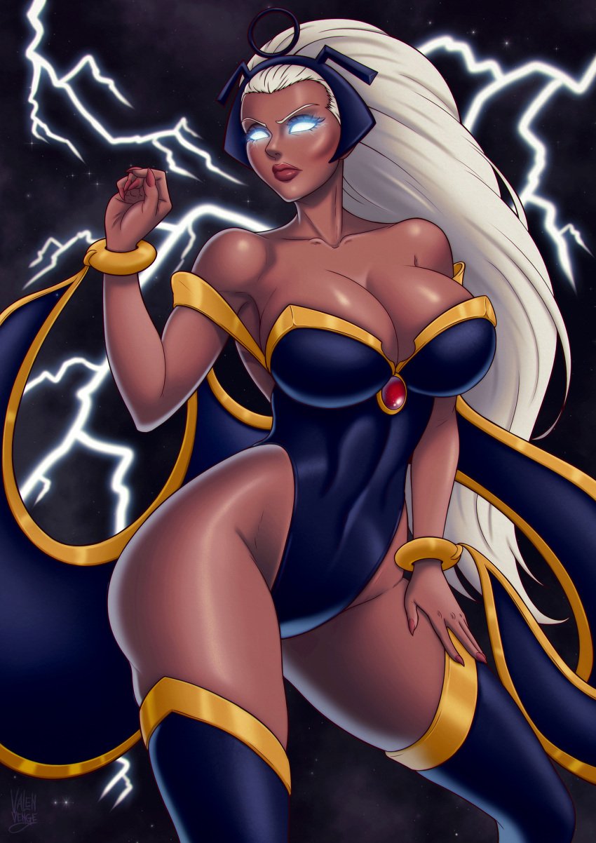 1girls 2024 big_breasts blue_eyes dark-skinned_female dark_skin empty_eyes female female_only glowing_eyes hi_res legwear leotard long_hair marvel marvel_comics solo storm_(x-men) thick_thighs valenvenge white_hair wide_hips x-men