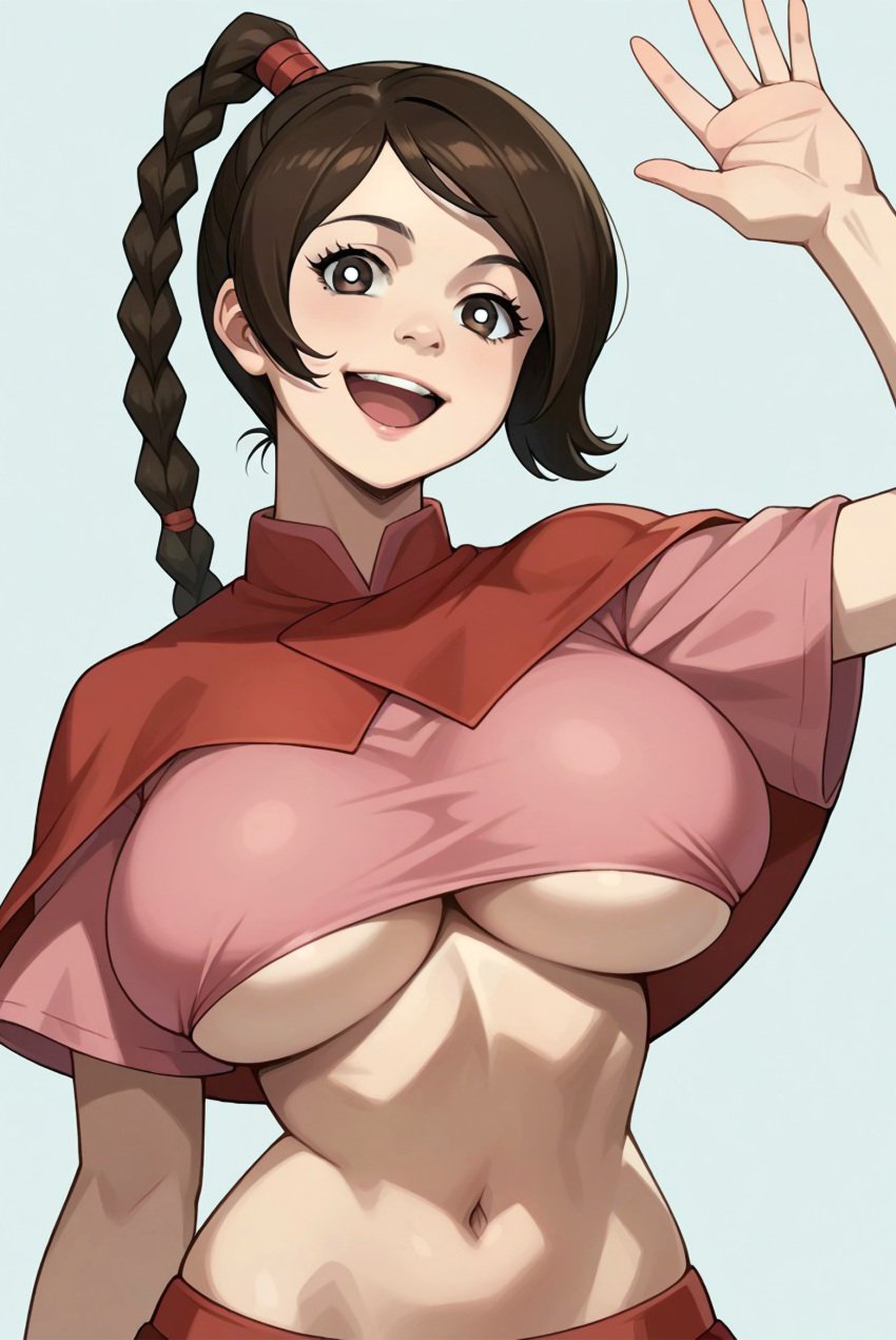 1girls avatar_the_last_airbender big_breasts braided_ponytail brown_hair busty female large_breasts looking_at_viewer ponytail pov req solo solo_female solo_focus ty_lee underboob waving waving_at_viewer