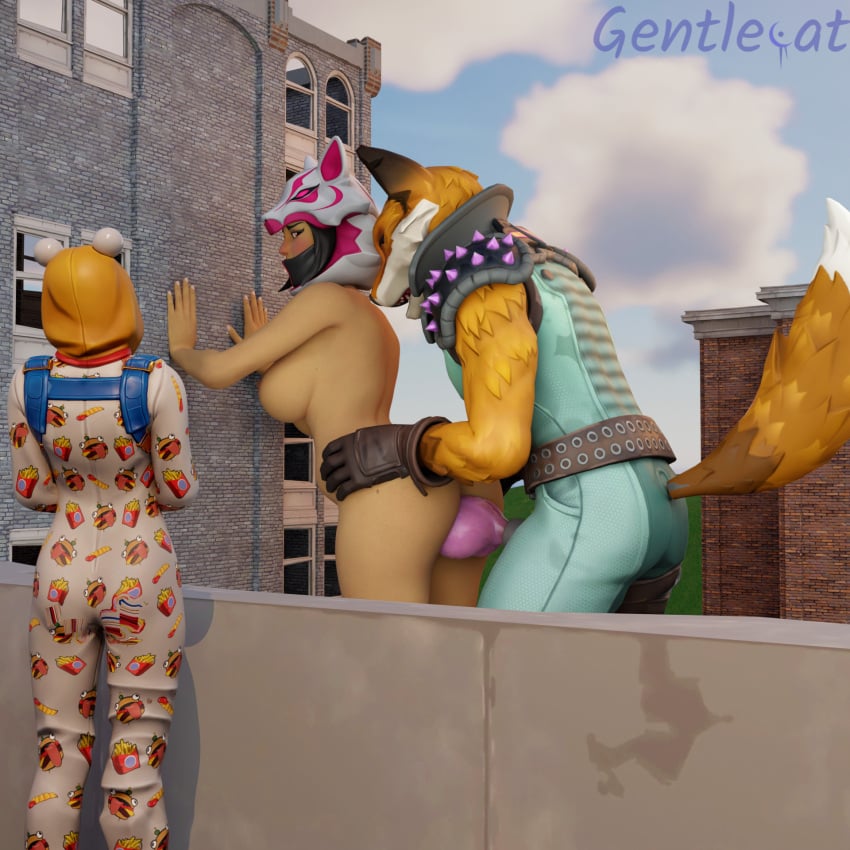 against_wall audience fennix_(fortnite) fortnite gentlecat giant giant_couple giantess knot looking_back tagme vi_(fortnite)