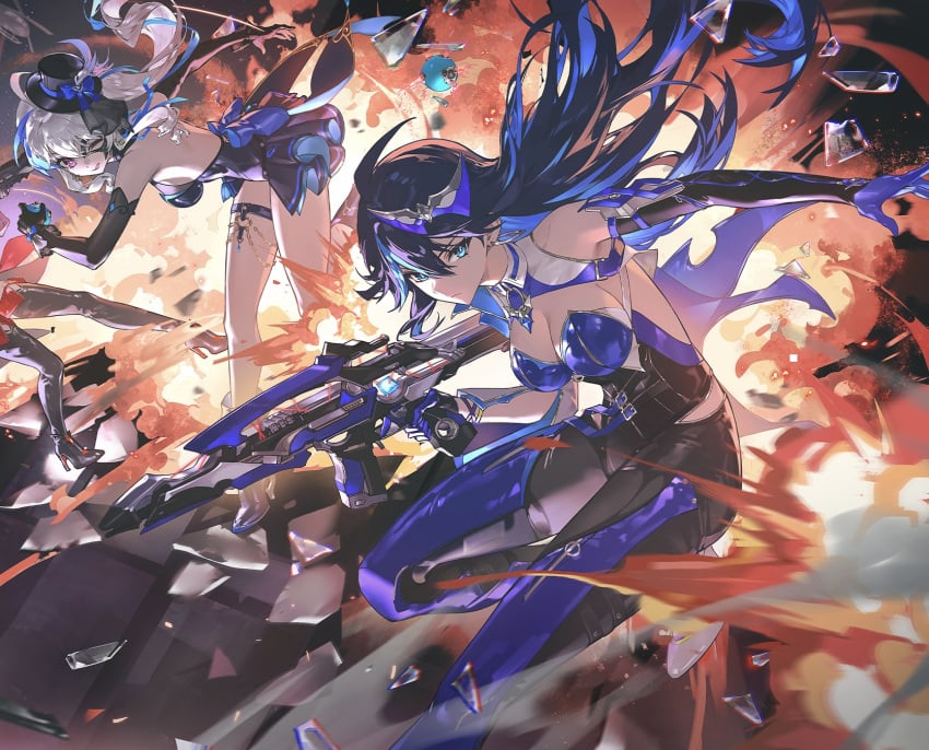 action_pose breasts cleavage cropped debris explosion fancy_clothing gun holding_weapon kanami_(strinova) lawine_(strinova) looking_at_viewer official_art purple_clothing purple_hair skin_tight strinova