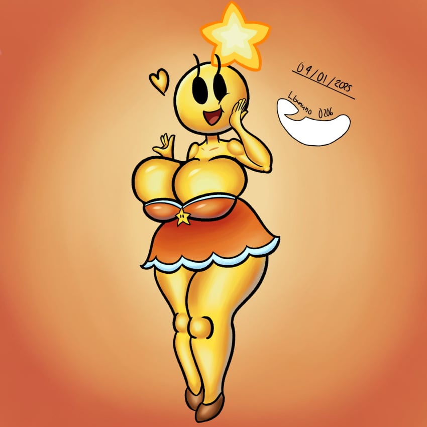 big_breasts lbanano0206 mario_(series) mario_and_luigi_(series) shiny_skin shortstack smiling star_sprite starlow starlowo yellow_body