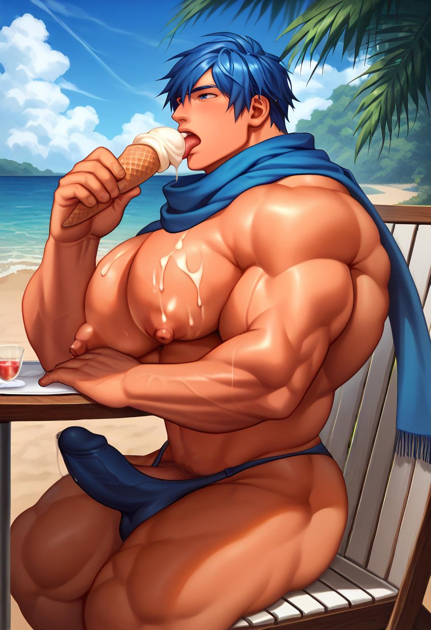 1boy 1male 1man abs ai_art ai_generated balls ballsack bara bara_tits beach beach_background beach_chair biceps big_cock big_dick big_nipples big_pecs big_pectorals big_penis blue_hair blue_hair_male blush boner bulge bulge_through_clothing cock crypton_future_media cwhk deltoids dick erect_cock erect_dick erect_penis erection gay gay_male ice_cream ice_cream_cone ice_cream_drip ice_cream_on_pecs kaito_(vocaloid) large_pecs large_pectorals licking licking licking_ice_cream male male_only man_boobs man_tits muscular muscular_male nipples nuts nutsack pecs pectorals penis pubes pubic_hair puffy_nipples scarf solo solo_male swimsuit tan-skinned_male tan_skin tan_skinned_male thick_thighs tongue tongue_out trapezius triceps veiny_cock veiny_dick veiny_penis vocaloid