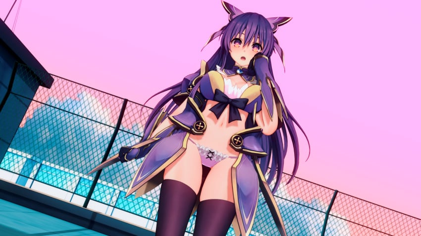 3d armored_dress big_breasts blush breasts cleavage date_a_live light-skinned_female long_hair looking_at_viewer no_skirt panties purple_eyes purple_hair skirt_removed solo solo_female thighs yatogami_tohka