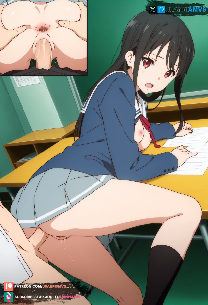 ai_generated beyond_the_boundary black_hair female from_behind juanpiamvs kyoukai_no_kanata long_hair nase_mitsuki open_ass open_mouth patreon patreon_username penetration red_eyes school_uniform sex sex_on_table small_breasts subscribestar subscribestar_username watermark zoomed_view