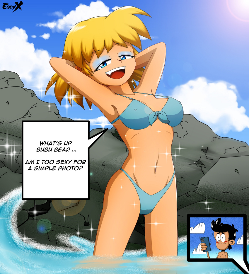 1girls armpits arms_behind_head bikini blonde_hair blue_bikini blue_eyes blue_eyeshadow blush bobby_santiago breasts cloud clouds cute_fang cute_fangs dialogue eddyx english_text eyeshadow female looking_at_viewer lori_loud male midriff navel open_mouth outdoors outside panties rock sky smile sparkle speech_bubble swimsuit swimwear teeth text the_loud_house thighs water