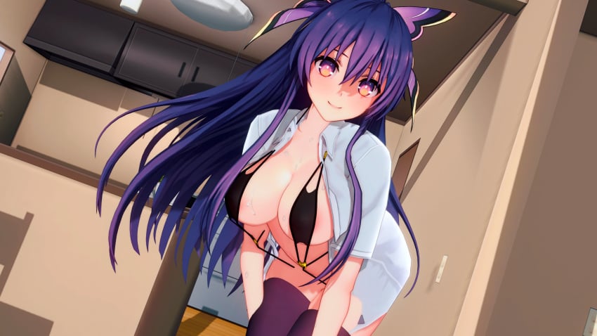 3d 3d_(artwork) ass big_ass bikini_top blush breasts date_a_live light-skinned_female living_room long_hair looking_at_viewer open_shirt purple_eyes purple_hair shirt shirt_open solo solo_female thighs yatogami_tohka