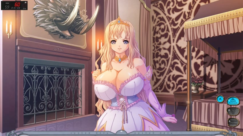 1girls angry angry_face bare_shoulders bed blonde_hair_female breasts cleavage clothed_female dress female female_only flower game_cg gigantic_breasts huge_breasts hyper_breasts kyonyuu_fantasy long_hair long_hair_female luceria_von_diamante massive_breasts platinum_blonde_hair princess solo_female tiara white_dress