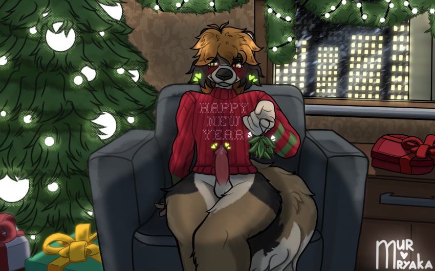 anthro black_body black_fur black_markings black_nose blue_sofa bodily_fluids bottomless brown_body brown_fur canid canine canis christmas christmas_clothing christmas_decorations christmas_lights christmas_present christmas_tree city cityscape clothed clothing domestic_dog fur furniture garland genital_fluids genitals gift green_eyes hair heart_symbol hi_res holidays inviting male mammal markings mistletoe mryaka_(mur_mryaka) mur_mryaka new_year new_year_2025 orange_hair penis plant precum procyonid raccoon raccoon_dog snow snowing sofa solo sweater sweater_only tail topwear topwear_only tree wide_hips window