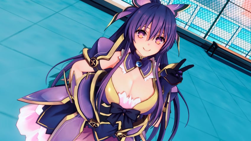 3d armored_dress big_breasts blush breasts cleavage date_a_live light-skinned_female long_hair looking_at_viewer purple_eyes purple_hair solo solo_female thighs yatogami_tohka