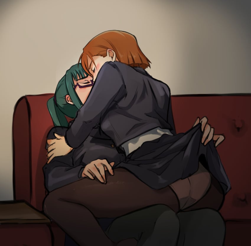 ass ass_focus big_ass blush blush brown_hair clothed clothes clothing fat_ass glasses green_hair jujutsu_kaisen kissing kissing kugisaki_nobara lifting_skirt lumen sitting_on_lap sitting_on_person skirt sofa uniform yuri zenin_maki