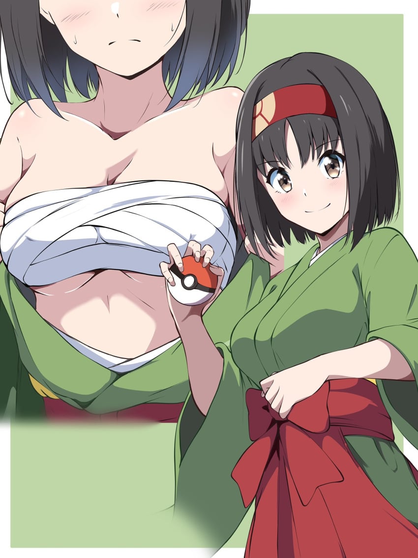 bare_shoulders black_hair blush borgbutler breasts brown_eyes cleavage commentary_request creatures_(company) erika_(pokemon) female game_freak green_background green_kimono highres holding holding_poke_ball japanese_clothes kimono medium_breasts multiple_views nintendo open_clothes open_kimono poke_ball pokemon pokemon_frlg pokemon_lgpe sarashi short_hair smile stomach underboob