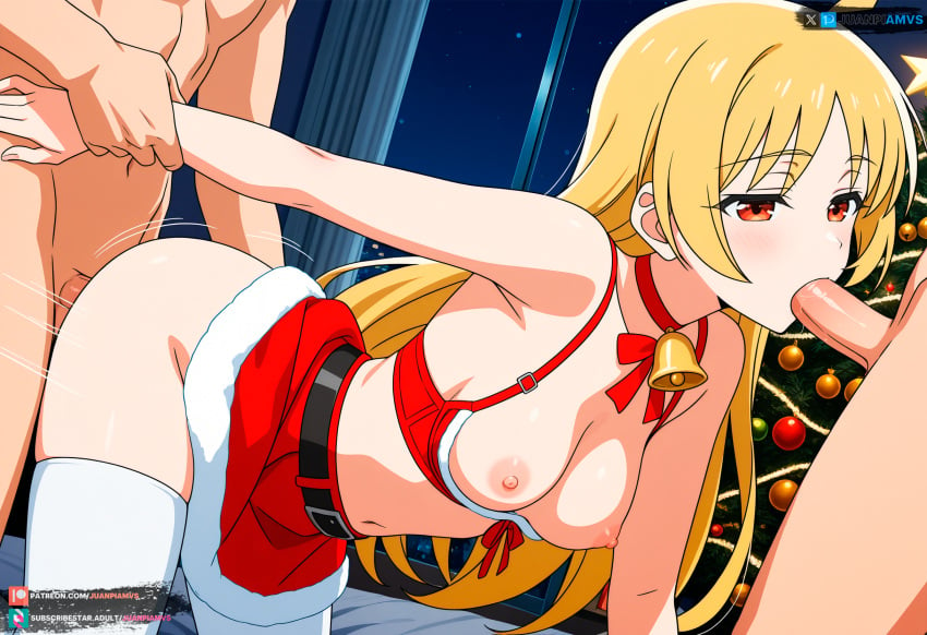 ai_generated blonde_hair blowjob bocchi_the_rock! christmas_outfit female from_behind ijichi_seika juanpiamvs long_hair medium_breasts orange_eyes patreon patreon_username penetration sex subscribestar subscribestar_username sucking_penis watermark