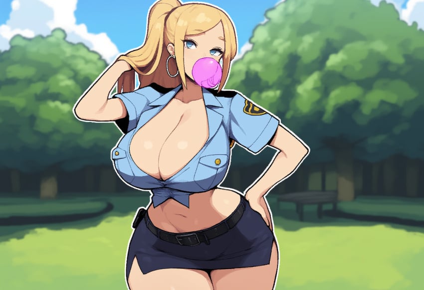 1girls ai_generated blonde_hair blue_eyes bubble_gum cleavage large_breasts midriff novelai police_uniform ponytail thick_thighs wide_hips