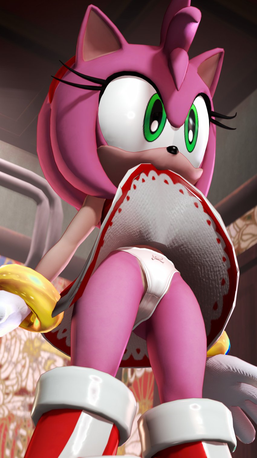 1girls 3d 3d_(artwork) amy_rose boots bracelet dress dress_in_mouth dress_lift female furry gloves hedgehog kourasfm panties sega sonic_(series) sonic_the_hedgehog_(series)