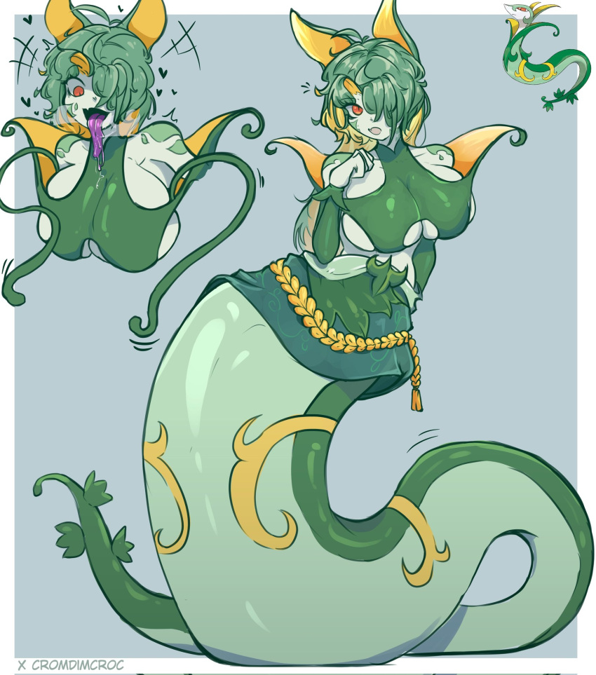 anthro biped blush breasts cromdimcroc female first_post_of_artist generation_5_pokemon gijinka green_body multicolored_body nintendo nipples pokemon pokemon_(species) red_eyes serperior simple_background smile solo tongue tongue_out white_body yellow_body