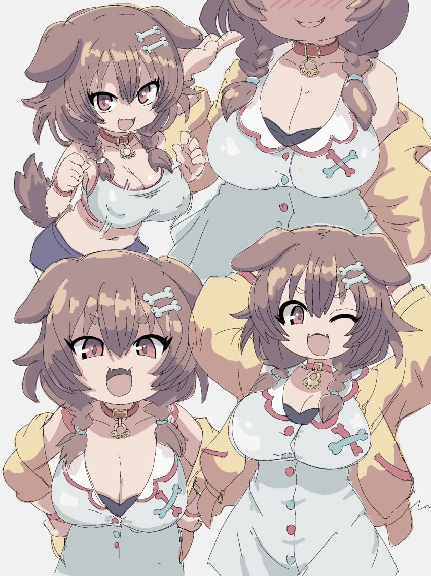 1girls animal_ears big_breasts blush braid breasts brown_eyes brown_hair cleavage clothed clothing collar dog_ears dog_girl female hairclip healerart hololive hololive_gamers hololive_japan huge_breasts inugami_korone korone light-skinned_female light_skin looking_at_viewer nipples open_mouth shirt smile solo thick_thighs thighs twin_braids virtual_youtuber