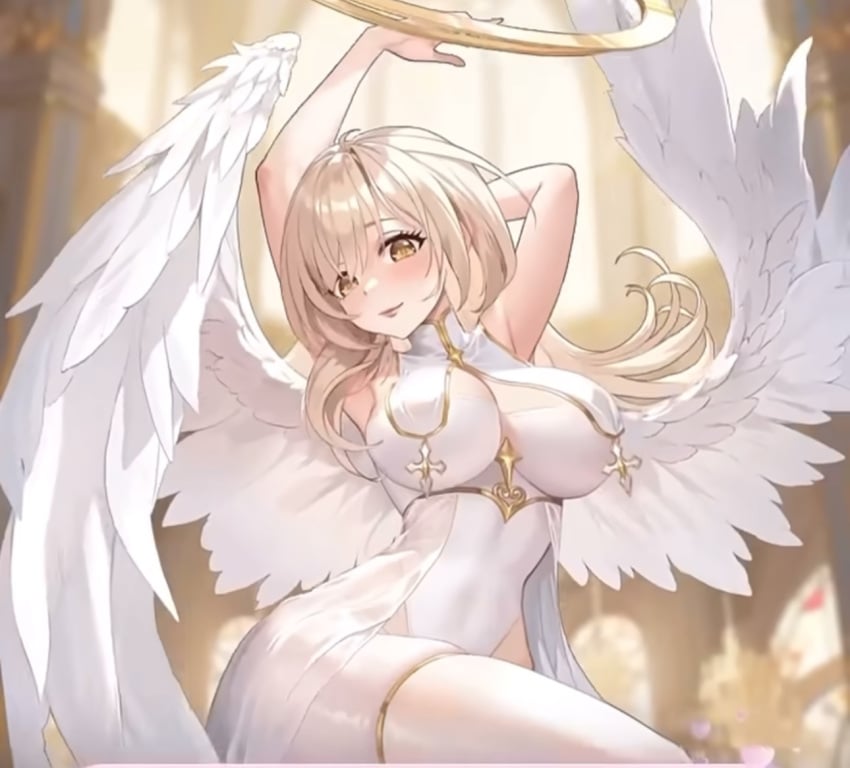 angel big_breasts blonde_hair female girl halo hands_behind_head hands_up tales_of_angels waifu wide_hips wings