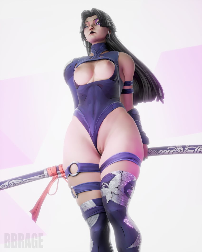 1girls 3d asian asian_female bbrage black_hair breasts ear_piercing female female_focus female_only katana large_thighs leotard light-skinned_female light_skin long_hair marvel marvel_comics marvel_rivals nipples psylocke psylocke_(marvel_rivals) pussy solo thick thick_thighs thighs tight_clothing