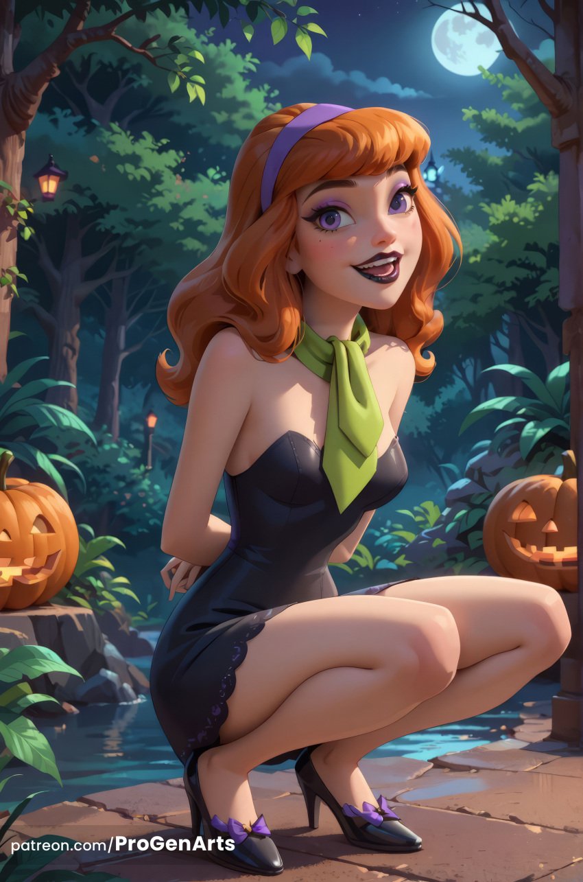 1girls ai_generated arms_behind_back artist_name bare_shoulders black_dress black_footwear breasts cartoon_network daphne_blake dress freckles full_body full_moon ginger ginger_hair hairband halloween hanna-barbera hi_res high_heels jack-o'-lantern lips lipstick long_hair looking_at_viewer makeup medium_breasts mole mole_under_eye moon night night_sky open_mouth orange_hair outdoors patreon_username progenarts pumpkin purple_eyes purple_hairband scooby-doo short_dress sky smile solo squatting strapless strapless_dress teeth tree warner_brothers water web_address