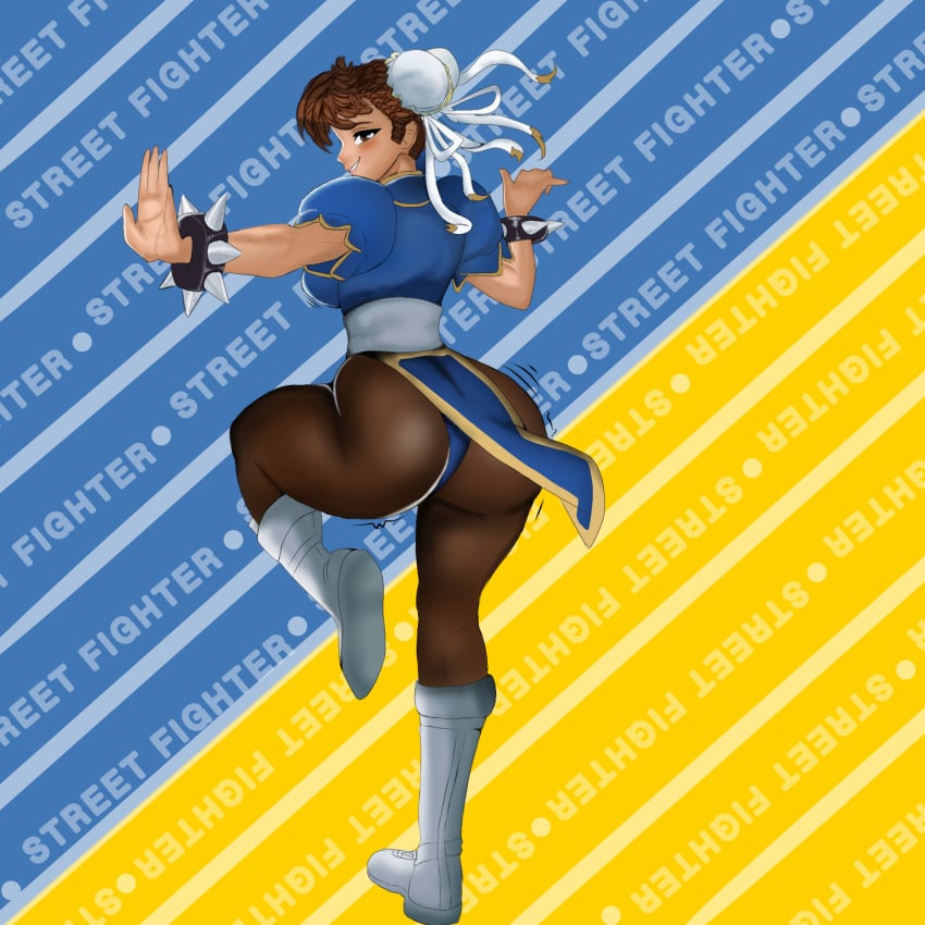 accessory background big_thighs blue_clothing breasts chun-li chun-li_(battle_ouffit_sfv) female female_only fighting_stance fishnet_legwear fishnets pantyhose posing spiked_bracelet street_fighter street_fighter_6 street_fighter_v