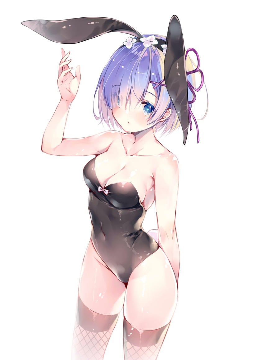 bare_arms bare_shoulders belly_button_visible_through_clothing black_leotard blue_eyes blue_hair blush body_blush breasts bunny_ears bunnysuit cleavage collarbone fishnet_thighhighs hair_ornament hair_over_one_eye heart-shaped_pupils leotard medium_breasts miwabe_sakura parted_lips re:zero_kara_hajimeru_isekai_seikatsu rem_(re:zero) shiny_skin short_hair thighhighs