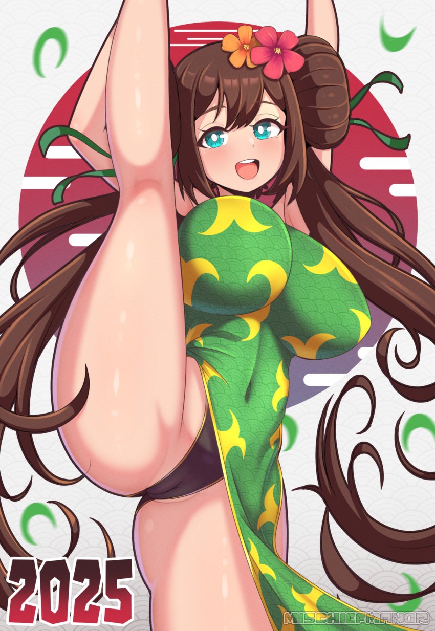 1girls 2025 :d alternate_costume armpits black_leotard blue_eyes blush breasts bright_pupils brown_hair cameltoe china_dress chinese_clothes creatures_(company) curvy double_bun doughnut_hair_bun dress falling_leaves flower flower_on_head game_freak gen_5_pokemon gold_trim hair_between_eyes hair_bun hair_flower hair_ornament hair_ribbon highres holding_leg large_breasts leaf leg_up leotard long_hair looking_at_viewer mischiefmiz mizmillificent new_year nintendo one_leg_raised open_mouth paid_reward_available patreon_username pokemon pokemon_bw2 ribbon rosa_(pokemon) scale scale_print serperior serperior_(cosplay) simple_background smile solo split standing standing_on_one_leg standing_split sun teeth thick_thighs thighs twintails very_long_hair white_pupils wide_hips