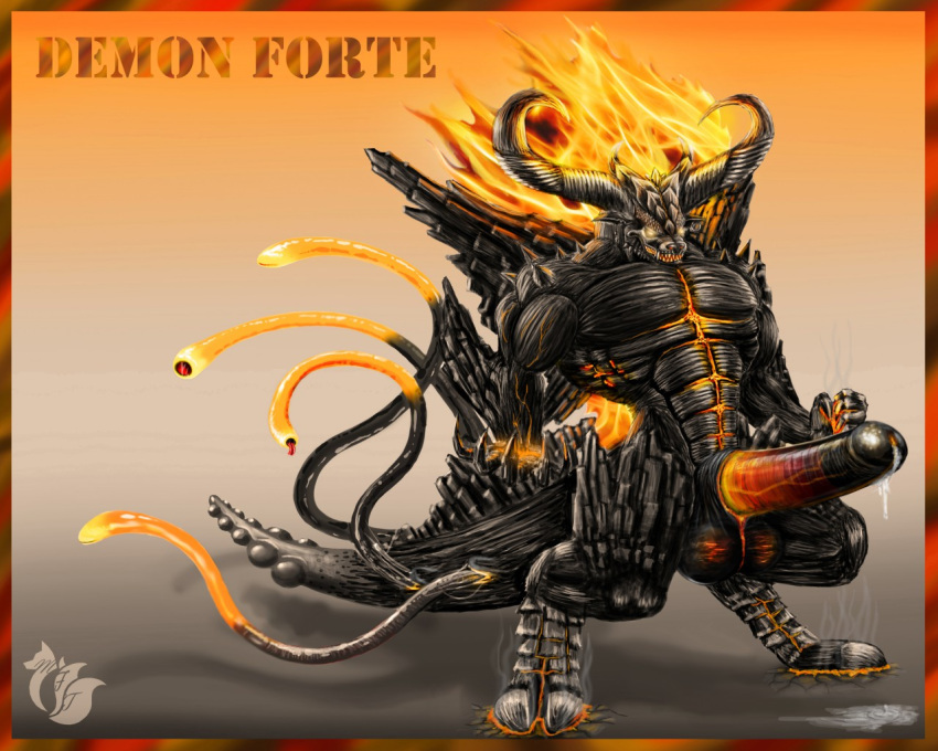 abs alternate anthro balls big_penis canine claws demon demon_forte destruction dragon fire full-length_portrait full_length hooves horn hybrid lava male male_only mammal metalfoxt monster muscular nude pecs penis piercing portrait solo standing tentacle