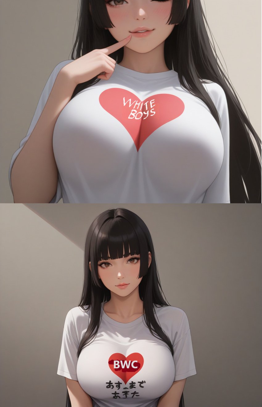 1girls ai_generated asian_female big_breasts black_hair bleached brown_eyes clothed clothed_female clothing english_text female human human_female interracial japanese_text light-skinned_female light_skin long_hair looking_at_viewer qoh queen_of_hearts solo solo_female text_on_clothing topwear white_shirt