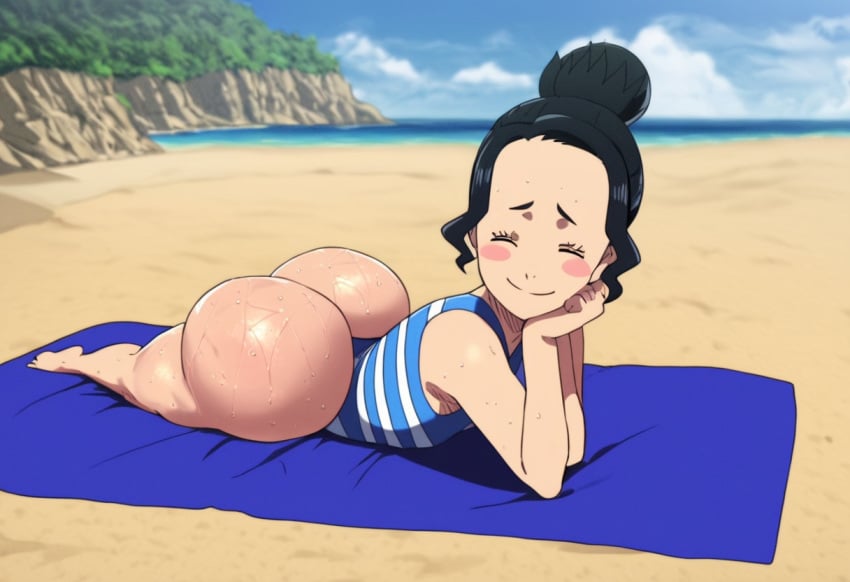 ai_generated ass ass_focus beach beach_towel big_ass big_butt black_bulls_uniform black_clover black_hair blush bubble_ass bubble_butt charmy_papittoson closed_eyes dumptruck_ass dumptruck_butt fat_ass fat_butt female female_only green_eyes hair_bun midget short_hair shortstack smug sweat sweaty sweaty_butt swimsuit towel zeca997