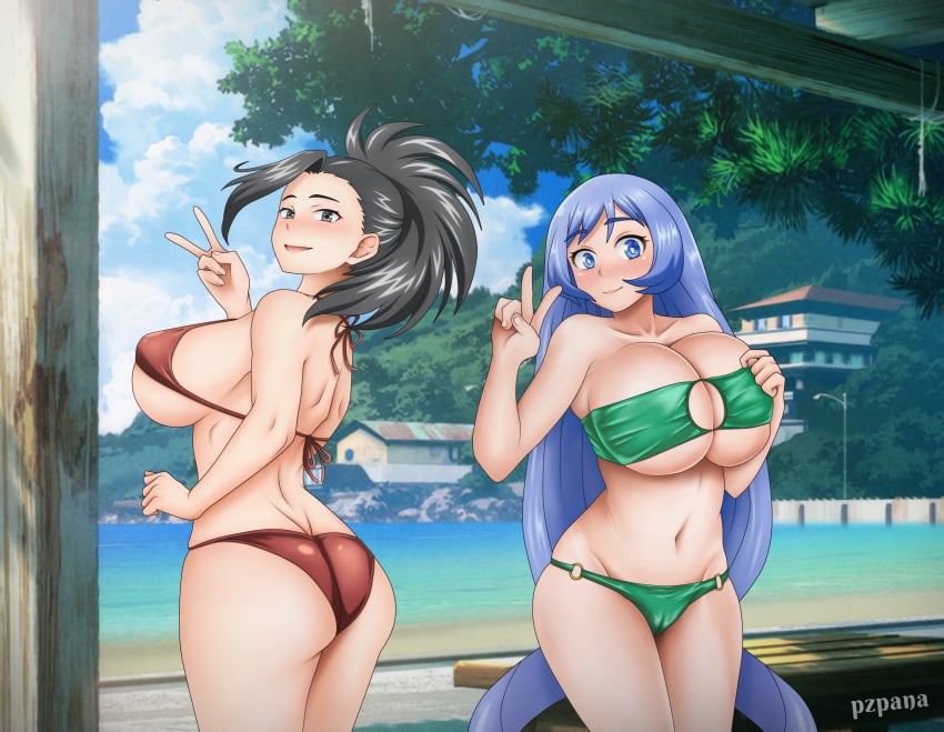 arms ass bare bare_belly bare_legs bare_shoulders bare_thighs beach belly_button big_breasts bikini bikini_bottom black_eyes black_hair blue_eyes blue_hair body_blush breasts busty cameltoe cleavage collarbone curvy fat_ass flirting hips huge_breasts large_breasts long_hair momo_yaoyorozu my_hero_academia narrow_waist nejire_hado nipples outdoors parted_lips partially_submerged ponytail pzpana red_bikini shiny_skin side-tie sideboob slim superheroine thick_thighs thighs voluptuous waist wavy_hair wet_body