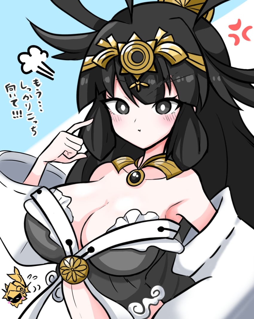 1girls anger_vein angry big_breasts black_eyes black_hair crown huge_breasts japanese_text konpee long_hair navel the_battle_cats