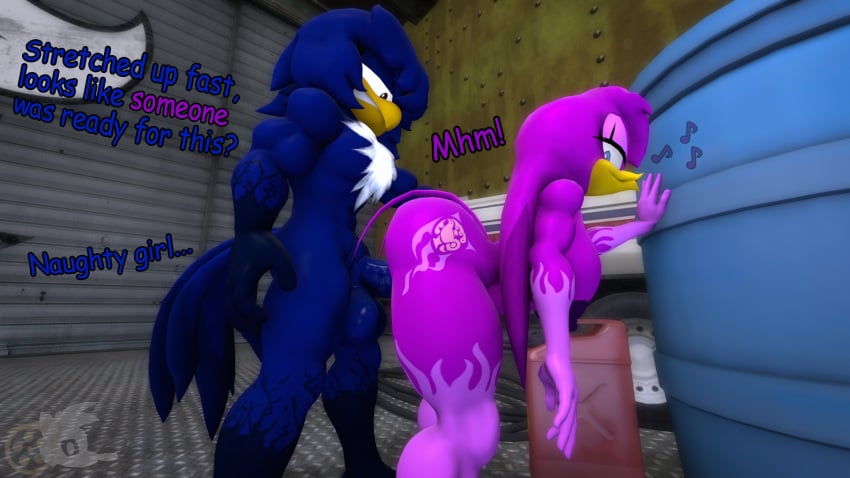 accipitrid accipitriform anthro ass avian balls big_balls big_penis bird blue_body blue_eyes blue_skin bottomwear butt_tattoo clothing dialogue duo fan_character female fur genitals gloves hand_holding hand_on_butt hand_on_hand hand_tattoo handwear hi_res hirundinid hug inside juicyducksfm larger_male leg_tattoo looking_at_another male male/female muscular muscular_male nude oscine pants passerine penetration penis purple_body purple_skin red_eyes sega sex size_difference sonic_riders sonic_the_hedgehog_(series) standing standing_sex swallow_(bird) tattoo text thunder_(juicyducksfm) vaginal_penetration vaginal_penetration warehouse wave_the_swallow whistling white_body white_fur