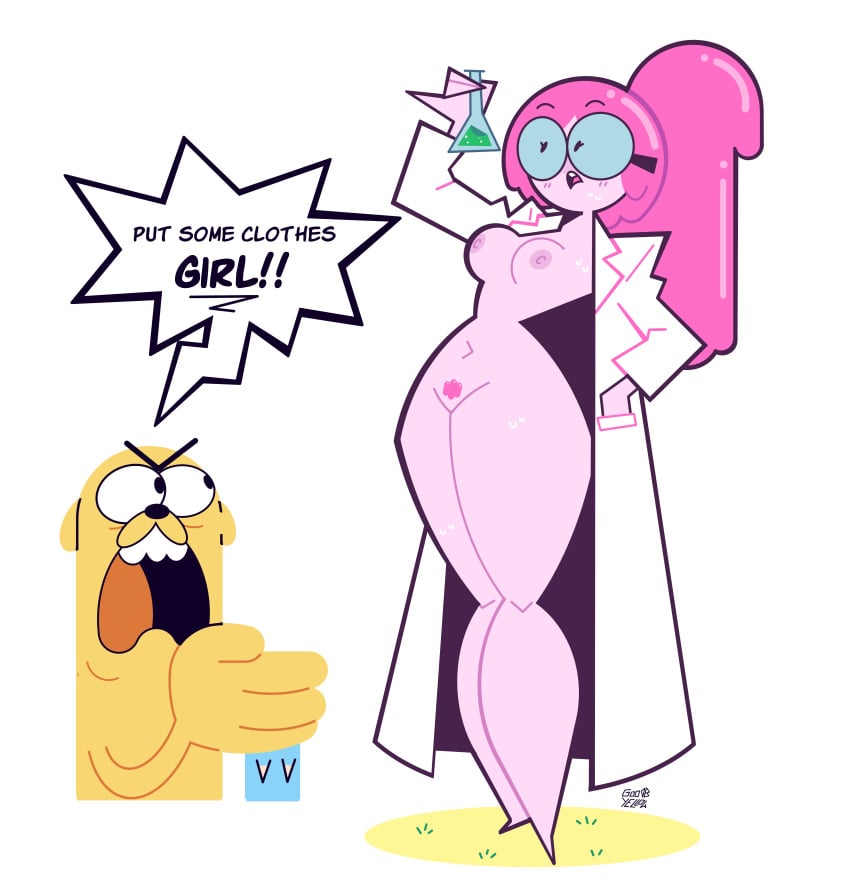 1girls 2boys absurd_res adventure_time areolae bikini breasts cartoon_network finn_the_human glasses goodbyellow hair highres jake_the_dog lab_coat labcoat nipples nude nude_female pink_hair pink_skin potion princess_bubblegum pubic_hair scientist speech_bubble sweat text thick_thighs