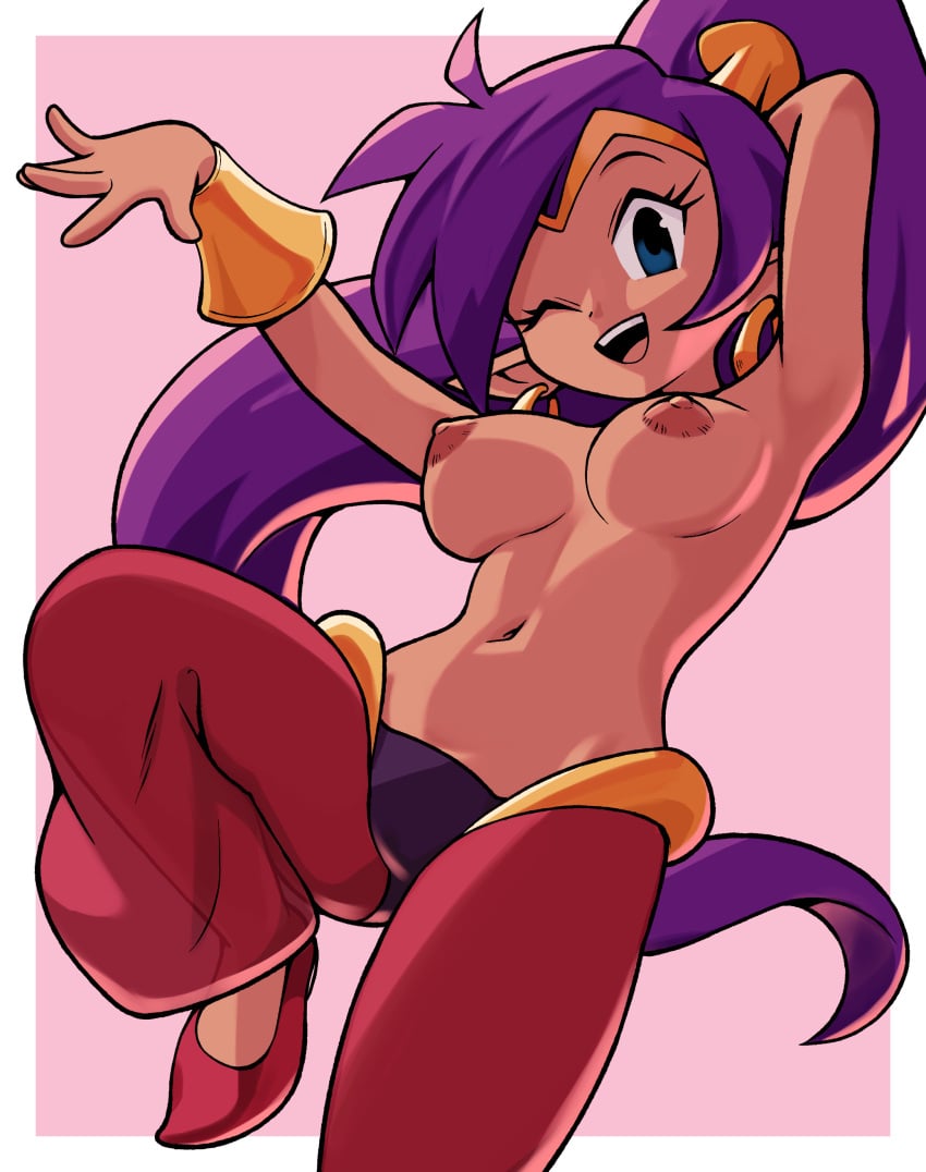 blue_eyes breasts earrings eyelashes gaturo genie harem_pants navel nipples on_one_leg outside_border pink_background pointy_ears ponytail pose purple_hair shantae shantae_(character) shoes smile topless white_border wink