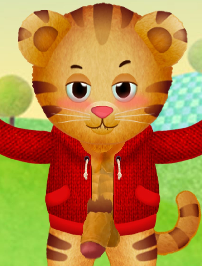 1boy abs accurate_art_style accurate_body_type aged_up bad_edit blush daniel_tiger's_neighborhood daniel_tiger_(character) penis_out shorter_male small_but_hung smaller_male smirking_at_viewer snively2020 tiger tiger_boy