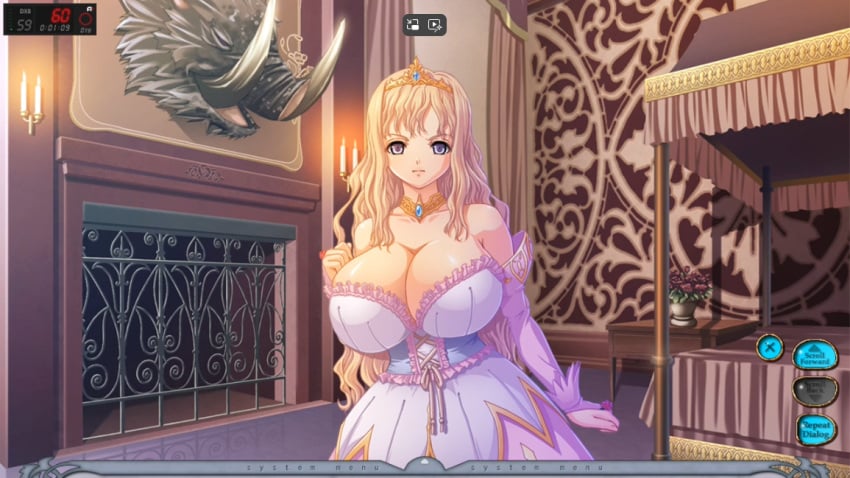 1girls angry angry_face bare_shoulders bed blonde_hair_female breasts cleavage clothed_female dress female female_only flower game_cg gigantic_breasts huge_breasts hyper_breasts kyonyuu_fantasy long_hair long_hair_female luceria_von_diamante massive_breasts platinum_blonde_hair princess solo_female tiara white_dress