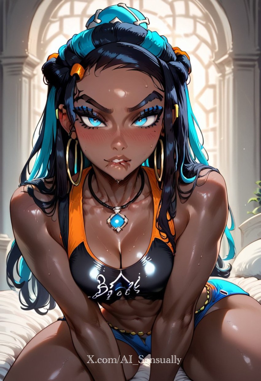 1girls abs ai_generated ai_sensuality bare_arms bare_legs bare_shoulders bare_thighs big_breasts biting_lip biting_own_lip black_hair blue_eyes clothed clothing color dark_skin dark_skinned_female female female_focus female_only fit_female game_freak gym_leader hi_res large_breasts long_hair looking_at_viewer muscles muscular muscular_female nessa_(pokemon) nintendo pokemon pokemon_ss pokemon_trainer solo solo_female sweat thick_thighs