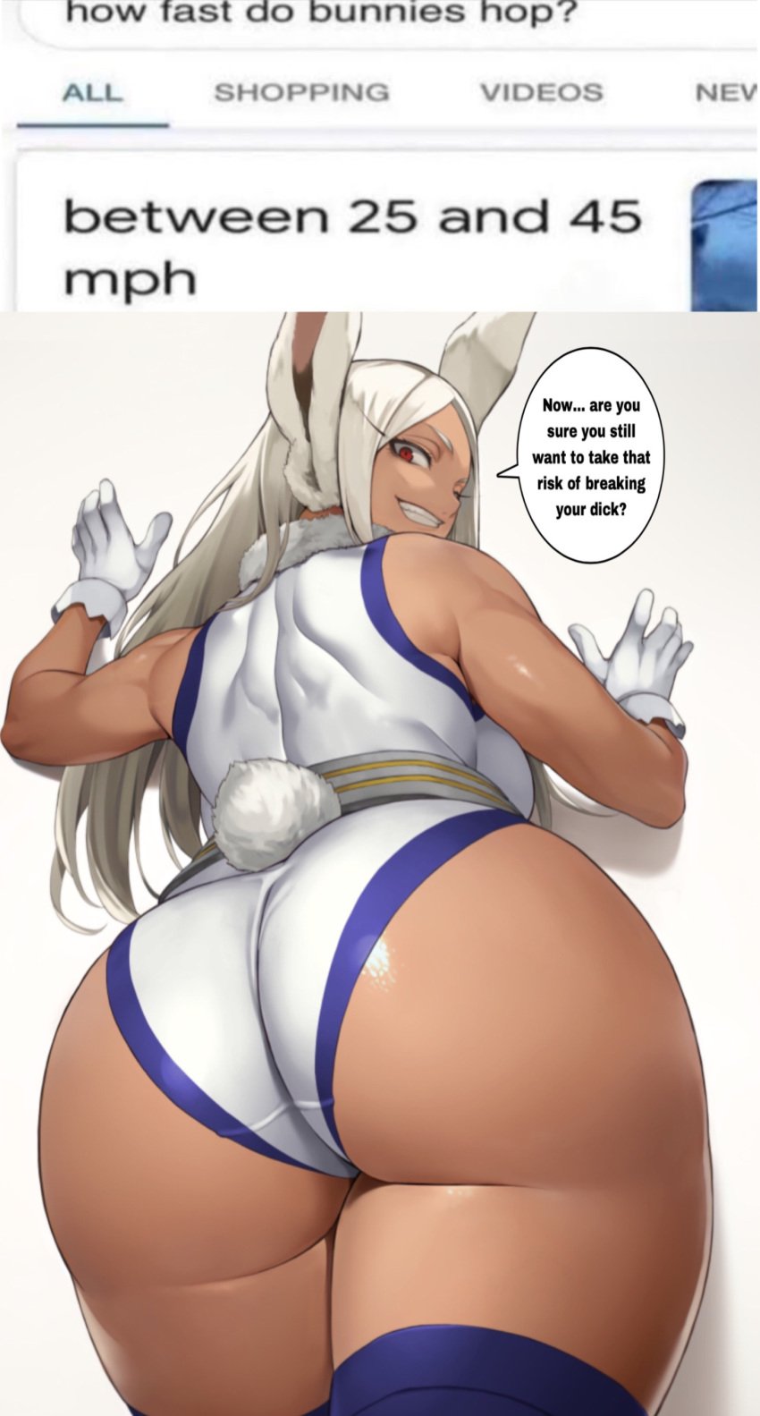 against_wall animal_ears ass ass_focus back boku_no_hero_academia breasts come_hither dark-skinned_female dark_skin female female_focus gloves grin highres huge_ass ishigaki_takashi large_breasts long_eyelashes long_hair looking_at_viewer looking_back mirko muscular muscular_back muscular_female one_eye_closed parted_bangs rabbit_ears rabbit_girl rabbit_tail red_eyes smile solo tail thick_thighs thighs white_background white_gloves white_hair