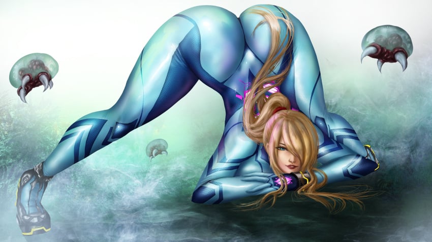 1girls artfinitii ass ass_up blonde_hair blue_eyes butt female female_focus hair_over_one_eye jack-o_pose lipstick metroid metroid_(creature) patreon ponytail pose posing samus_aran video_game_character zero_suit_samus