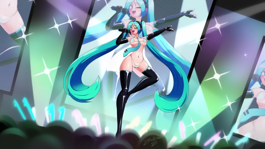 1girls aqua_eyes aqua_hair audience bikini boots breasts concert dancing elbow_gloves fingerless_gloves gloves glowstick hatsune_miku joints large_breasts long_hair micro_bikini microphone music navel necktie one_eye_closed open_mouth pasties pussy singing smile solo sparkle stage stage_lights standing_on_one_leg swimsuit thigh_boots thighhighs twintails very_long_hair zedrin