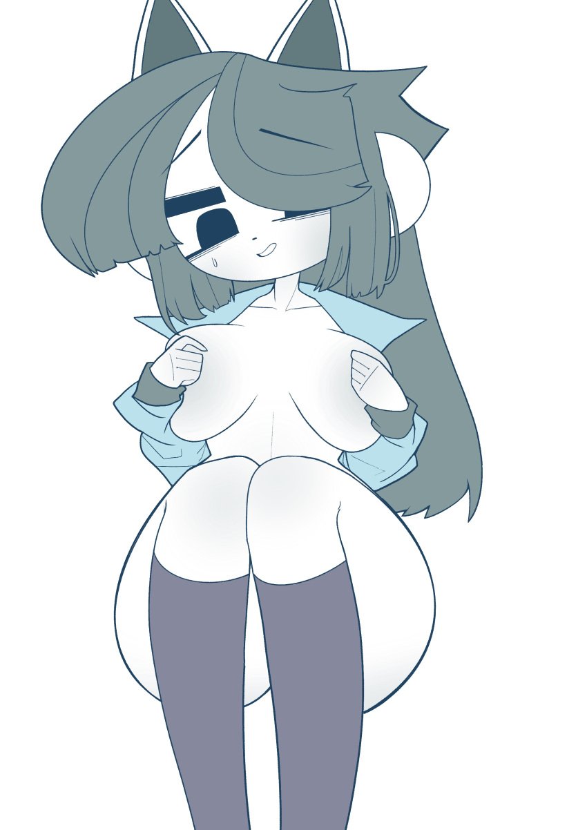 anthro black_clothing black_legwear black_stockings breasts clothed clothing female grey_hair hair holding_breast hss_dada legwear simple_background simple_eyes solo stockings temmie_(undertale) thigh_highs undertale undertale_(series) white_body