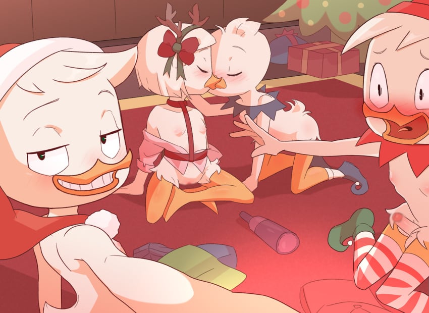 antler_headband blushed blushing bondage bound christmas christmas_outfit crossed_legs dewey_duck ducktales_(2017) embarrassed gift_wrapped grin huey_duck kissing louie_duck pink_nipples ribbon small_breasts topless_female webby_vanderquack wrapped wrapped_up