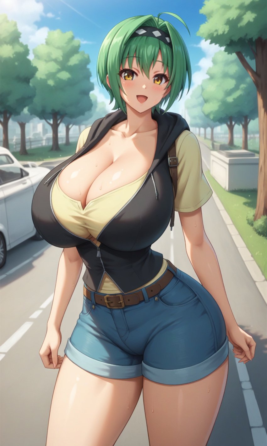 ahoge ai_generated aiba_matsuri belt black_hoodie blush brown_belt cleavage cowboy_shot denim_shorts female green_hair hair_intakes hairband happy hoodie hourglass_figure huge_breasts looking_at_viewer open_mouth oppai_heart_~kanojo_wa_kedamono_hatsujouki!?~ outdoors short_hair sleeveless slim_waist smile solo standing street sweat thick_thighs wide_hips yellow_eyes yellow_shirt zakvar