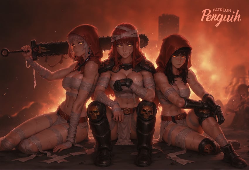 3girls after_battle ai_generated bandaged_arm bandages battle battle_sister black_hair boots breasts chainsaw_man chainsword destruction fami_(chainsaw_man) female_only fire hood hood_up huge_weapon light-skinned_female looking_at_viewer makima_(chainsaw_man) medium_breasts muscular_female panties patreon_username penguih red_capelet red_hair red_hood repentia scar scar_on_face sister_of_battle sister_repentia sitting sword underboob warhammer_(franchise) warhammer_40k weapon weapon_on_back white_hair yellow_eyes yoru_(chainsaw_man)