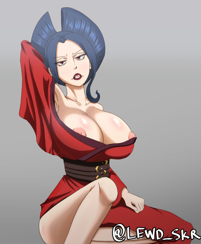 1girls big_breasts blue_hair cleavage edens_zero exposed_breasts exposed_nipples huge_breasts kimono kurenai_kogetsu large_breasts lipstick mature_female milf nipples provocative provocative_clothing red_eyes seakerzx solo_female tagme