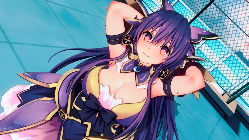 3d armored_dress armpits arms_behind_head big_breasts blush breasts cleavage date_a_live light-skinned_female long_hair looking_at_viewer purple_eyes purple_hair solo solo_female thighs yatogami_tohka