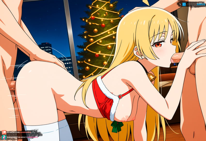 ai_generated blonde_hair blowjob bocchi_the_rock! christmas_outfit christmas_tree female from_behind grabbing ijichi_seika juanpiamvs licking_penis long_hair medium_breasts orange_eyes patreon patreon_username penetration sex subscribestar subscribestar_username watermark