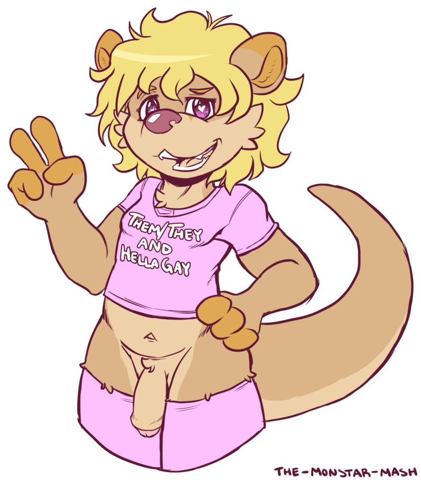 <3_eyes alternate_version_available clothing english_text flaccid flat_colors front_view gesture hand_on_hip heart humanoid_penis legwear looking_at_viewer male male_only mammal mustelid navel open_mouth otter otto_the_ott partially_retracted_foreskin penis pink_eyes shirt signature smile solo standing t-shirt text themonstarmash uncut v