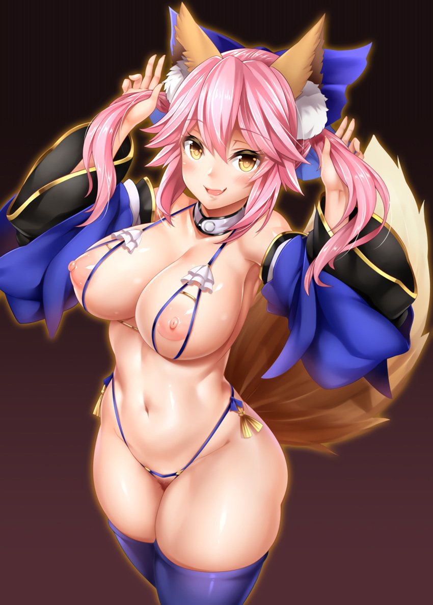 1girls animal_ears areolae bikini blue_bikini blue_legwear blush breasts crotchless_swimsuit curvy cute_fang detached_collar detached_sleeves fate/extra fate_(series) female female_only fox_ears fox_girl fox_tail hair_ribbon large_breasts long_hair looking_at_viewer navel nippleless_clothes nipples oni-noboru open_mouth pink_hair pubic_hair ribbon smile solo swimsuit tail tamamo_no_mae_(fate) thick_thighs thighhighs waifu2x wide_hips yellow_eyes