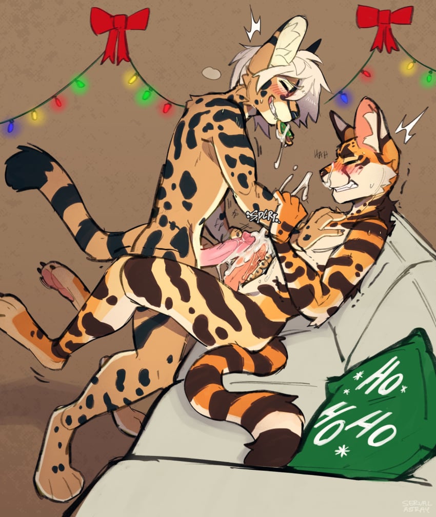 anthro black_body black_fur black_spots blush bodily_fluids christmas christmas_cookies christmas_decorations christmas_lights cookie cum cum_on_face cum_on_food cum_on_own_face cum_on_own_penis cum_on_penis cum_on_self digitigrade dominant dominant_male duo felid feline food frottage fur furniture genital_fluids genitals gradient_fur hair hand_on_chest hand_on_penis hi_res holidays humanoid_genitalia humanoid_penis leptailurus_(genus) mac_(mono090) male male/male mammal markings nude olezka_(sausysandwich) on_sofa onomatopoeia orange_body orange_fur orgasm penile penile_spines penis serval sex simple_background simultaneous_orgasms sitting smile sofa sound_effects spots spotted_body spotted_fur standing strayserval submissive submissive_male tail tan_body tan_fur text white_body white_fur white_hair